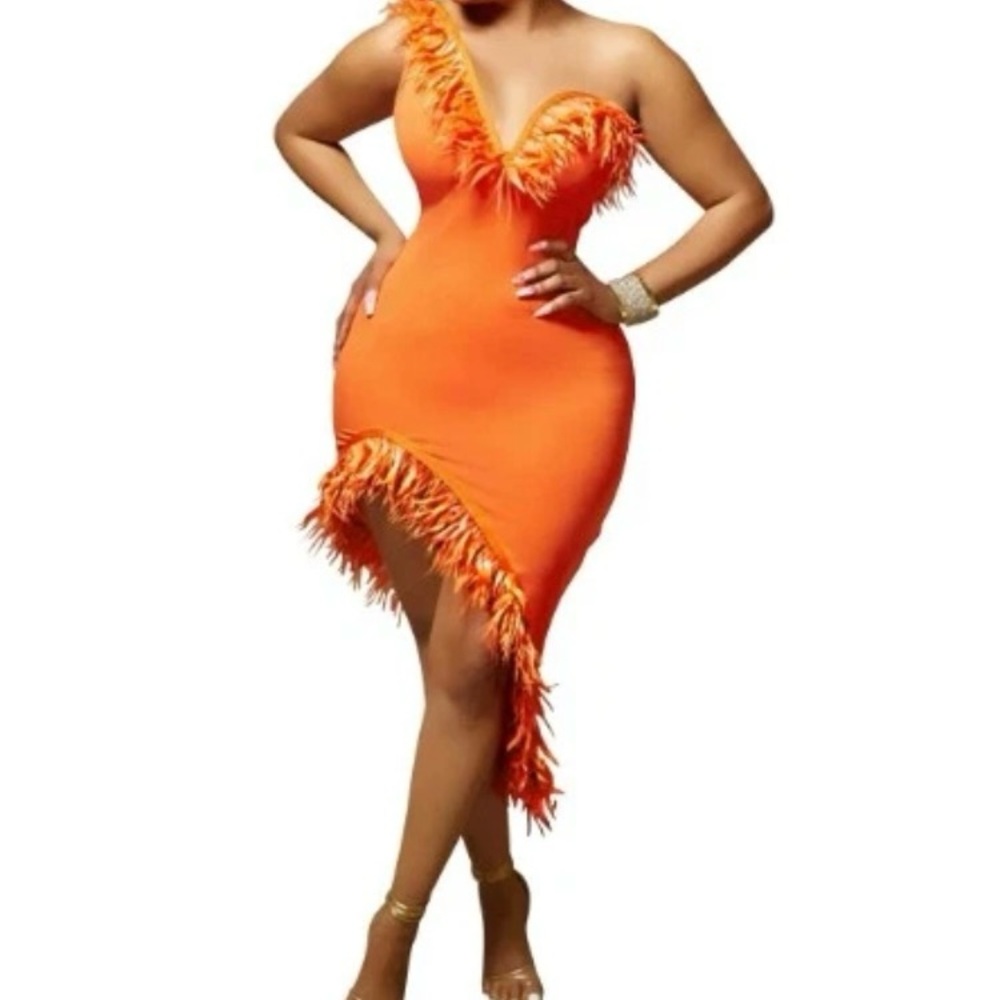 Orange Fringe One-Shoulder Bodycon Dress (S)